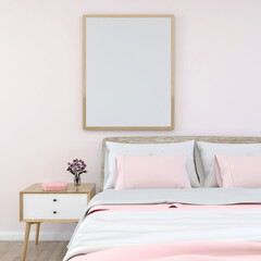 valentine home interior, luxury modern bed room interior, light pink wall with a mock up poster frame top of the bed, 3d rendering