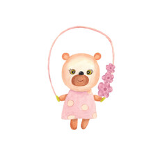 The bear cub is jumping rope. Clipart hand-drawn in watercolor. Cute illustration for children.