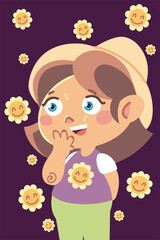cute little girl with hat and funny flowers cartoon, children