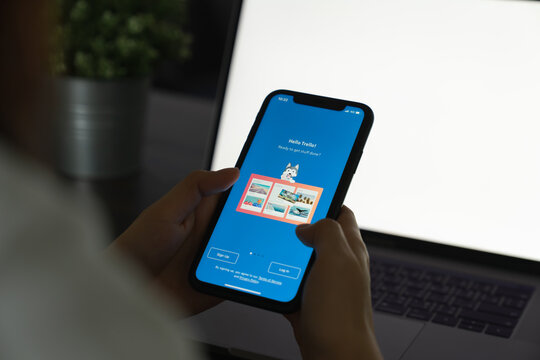 BANGKOK, THAILAND - January 25, 2021 : Trello application in iPhone 11. Reminder and teamwork app on mobile.
