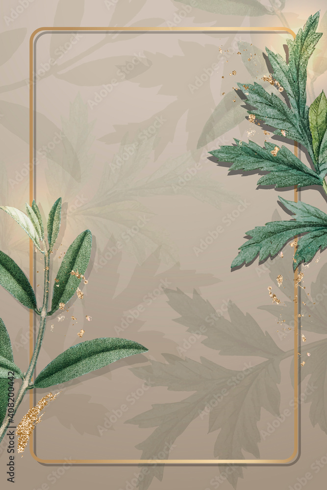 Poster gold frame on foliage pattern background vector
