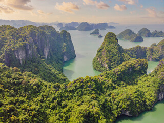 Aerial view panorama of floating fishing village and rock island, Halong Bay, Vietnam, Southeast...