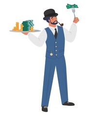 Rich gentleman banker with tray full of cash money, flat vector illustration. A man of fortune. Happy and wealthy person, successful businessman, dollar millionaire, banking tycoon.