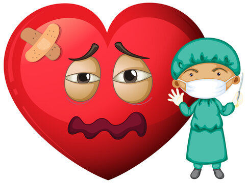 Sad heart emoticon with a doctor wearing mask cartoon character