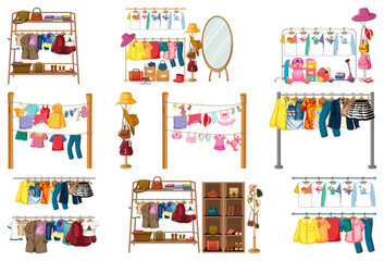 Set of clothes, accessories and wardrobe isolated on white background