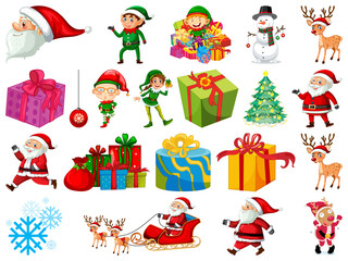 Set of Santa Claus cartoon character and Christmas objects isolated on white background