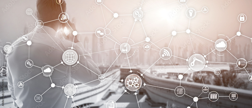 Poster technology industrial business process workflow organisation structure on virtual screen. iot smart 