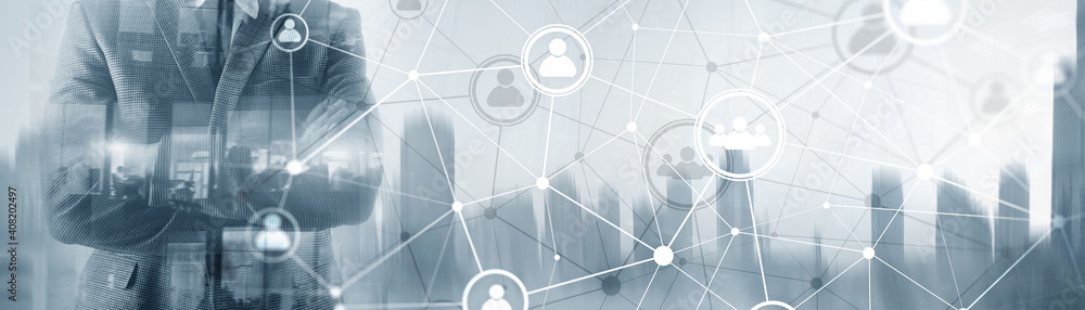 Poster background conceptual image with social connection lines on panoramic fone.