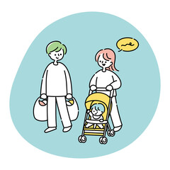 買い物から帰る夫婦と赤ちゃん