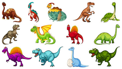 Set of different dinosaur cartoon character isolated on white background