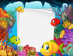 Fototapeta na wymiar Blank paper banner with exotic fish and undersea nature elements on the underwater background