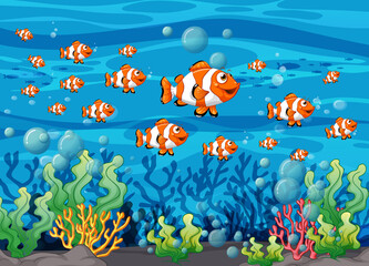 Fototapeta na wymiar Many exotic fishes cartoon character in the underwater background