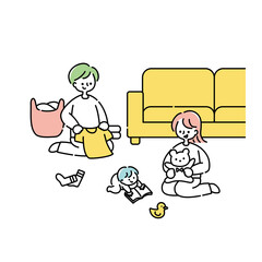 洗濯物を畳む夫と赤ちゃん