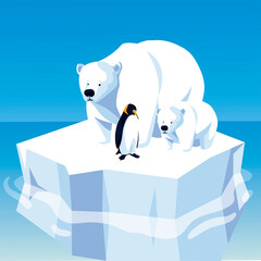 polar bears and penguin floating on iceberg north pole
