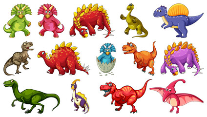 Set of different dinosaur cartoon character isolated on white background