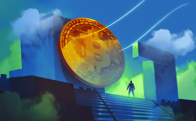 Digital illustration painting design style a businessman standing is in front of big gold coin, against mystery land.