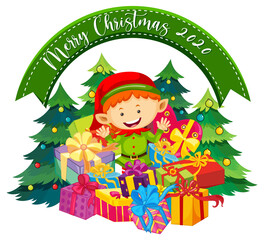 Merry Christmas 2020 font banner with cute elf and many gifts on white background