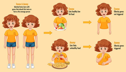 Roles of genes and environment. Body fat in identical twins infographic.