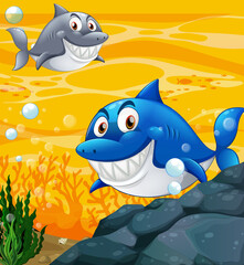 Many sharks cartoon character in the underwater background