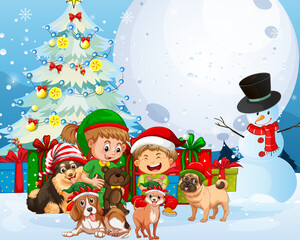 Fototapeta premium Christmas outdoor scene with many children and cute dogs