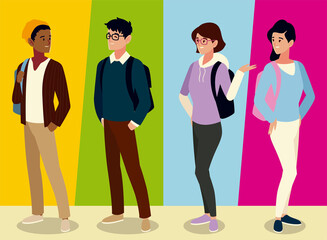 Fototapeta premium students male and female characters with backpacks, colored background