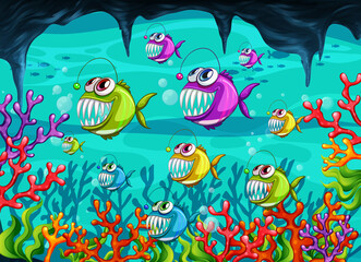 Naklejka premium Angler fishes cartoon character in the underwater scene with corals