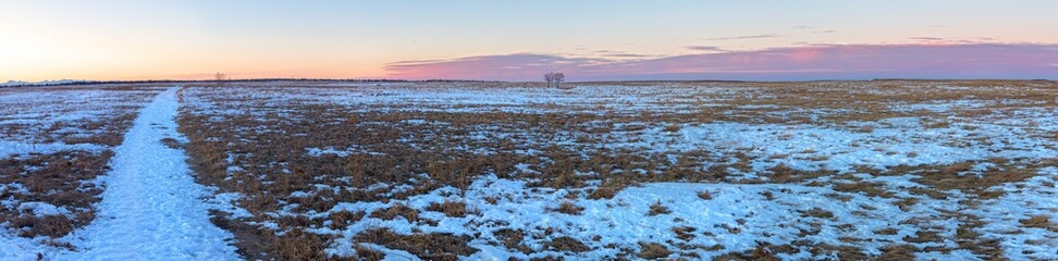 
Wide Panoramic Landscape View of Prairie Grassland at Nose Hill Urban Park with Crimson Sunset Sky...