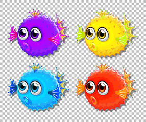 Set of different color puffer fish with big eyes cartoon character on transparent background © GraphicsRF
