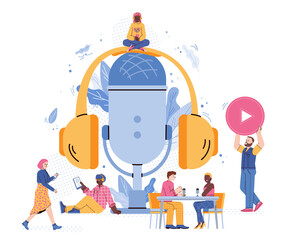 Online training or radio podcast banner or cover backdrop with tiny people characters next to huge microphone, flat vector illustration isolated on white background.
