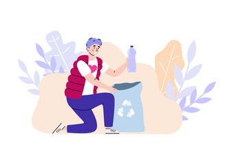 Obraz premium Volunteer cartoon character picking up trash, flat vector illustration isolated on white background. Volunteer and environmental campaign of waste recycling.