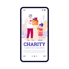 Mobile app on phone screen for charity and donation to children. Volunteer hold box with toys for help and support kids from poor family or orphans. Vector illustration