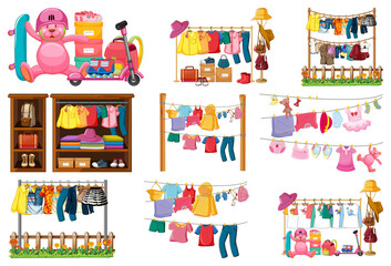 Set of clothes, accessories and wardrobe isolated on white background