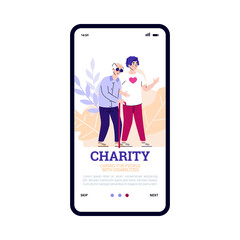 Mobile app on phone screen for care and charity for old people with disabilities. Young man volunteer or social worker helps elderly man with cane. Assistance and support senior.