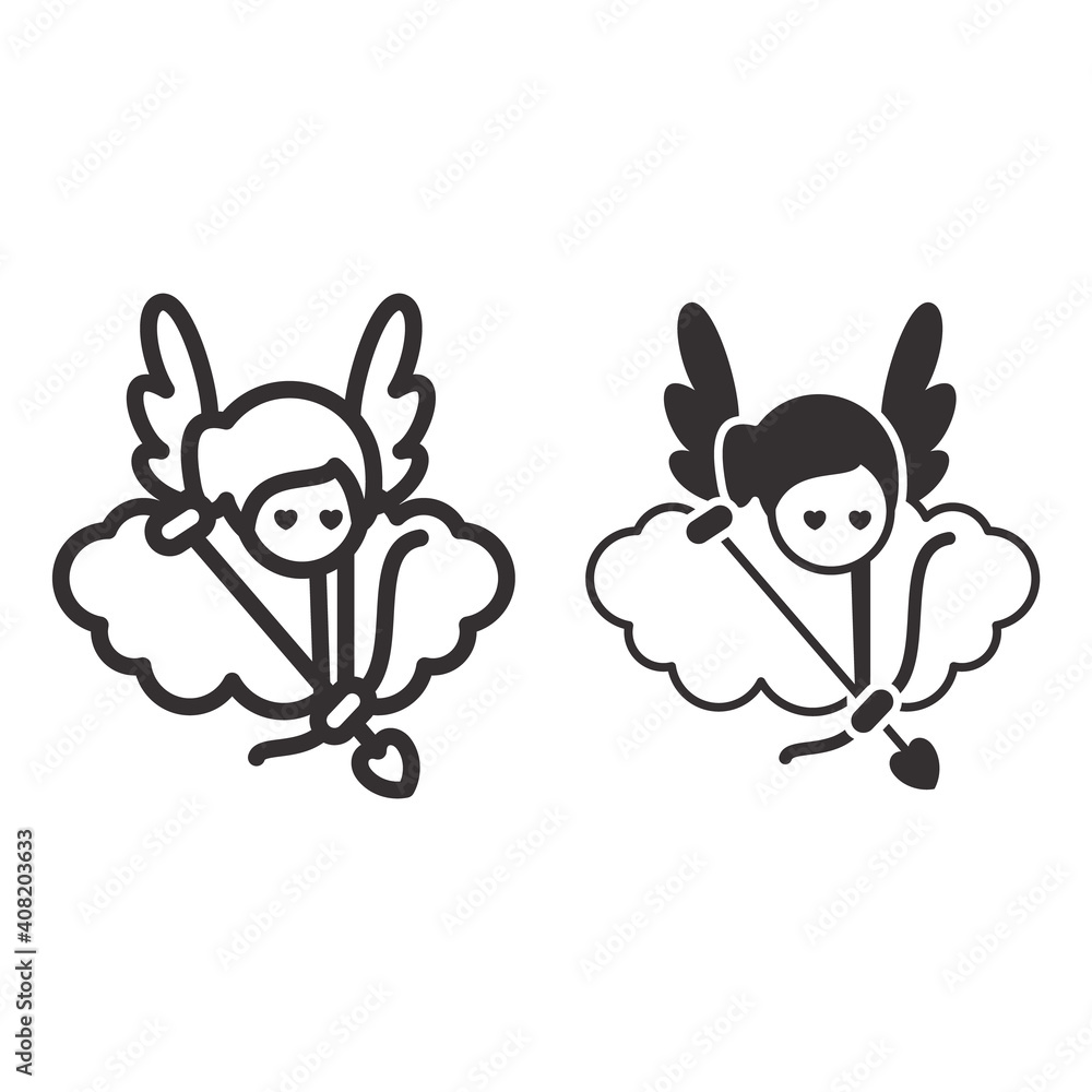 Poster angel with arrow and bow line and solid icon, valentines day concept, cupid with target on cloud sig