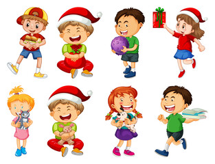 Set of different kid playing with their toys cartoon character isolated on white background