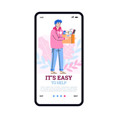 Vector mobile app on phone screen for charity. Male volunteer hold donation box full cleaning and hygiene products. Volunteering, social help and aid poor and homeless people
