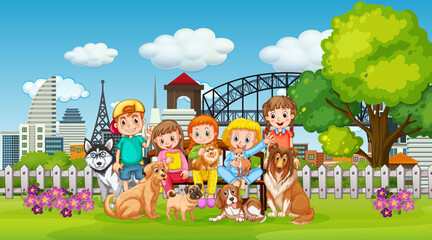 Park outdoor scene with many children and their pet