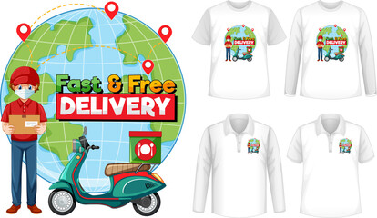 Set of different types of shirts with fast and free delivery logo screen on shirts