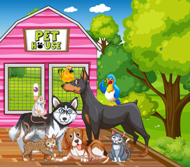 Group of pet in the park scene