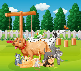 Group of pet in the plaground scene