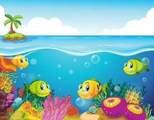Plakat Many exotic fishes cartoon character in the underwater scene with corals