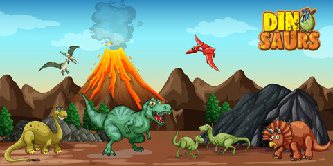 Dinosaurs cartoon character in nature scene © GraphicsRF