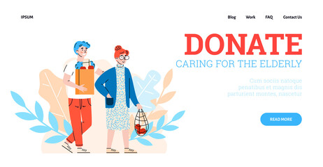 Support, donation and care for old people. Young man social worker or volunteer carry bag with food products for elderly female. Vector landing page template.