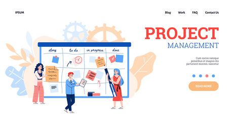 Agile development and project management concept. Scrum team of people move color cards on board, analyzing strategy task or business project. Vector landing page template.