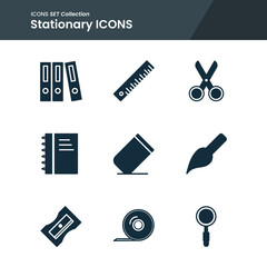 icon set of office stationary scissor, brush, book, and many more. with solid style vector. suitable use for web app and pattern design.