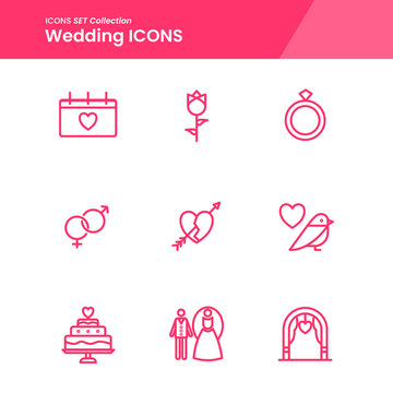 icon set of wedding schedule date, love, ring, gate love, bird and many more. with line style vector. suitable use for web app and pattern design.
