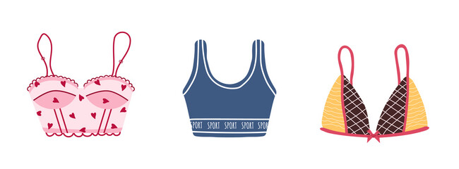 Modern female bra collection. Cute colorful brassieres with bows and lace. Trendy hand drawn undergarments. Vintage vector illustration in flat cartoon style. Suitable for logo, icon, banner.