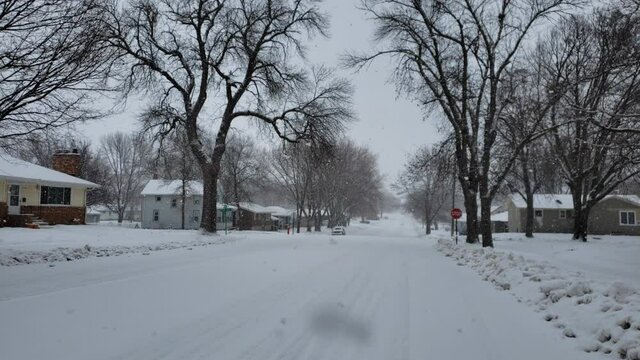 Snowy Street In Small Midwest Town