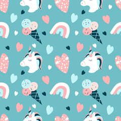 cute vector seamless pattern with hand drawn unicorns, ice-cream, rainbows and hearts on a blue background. childish flat illustration for printing on fabric, clothing, wrapping paper