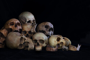 The pile of old skulls put on black cloth and black background